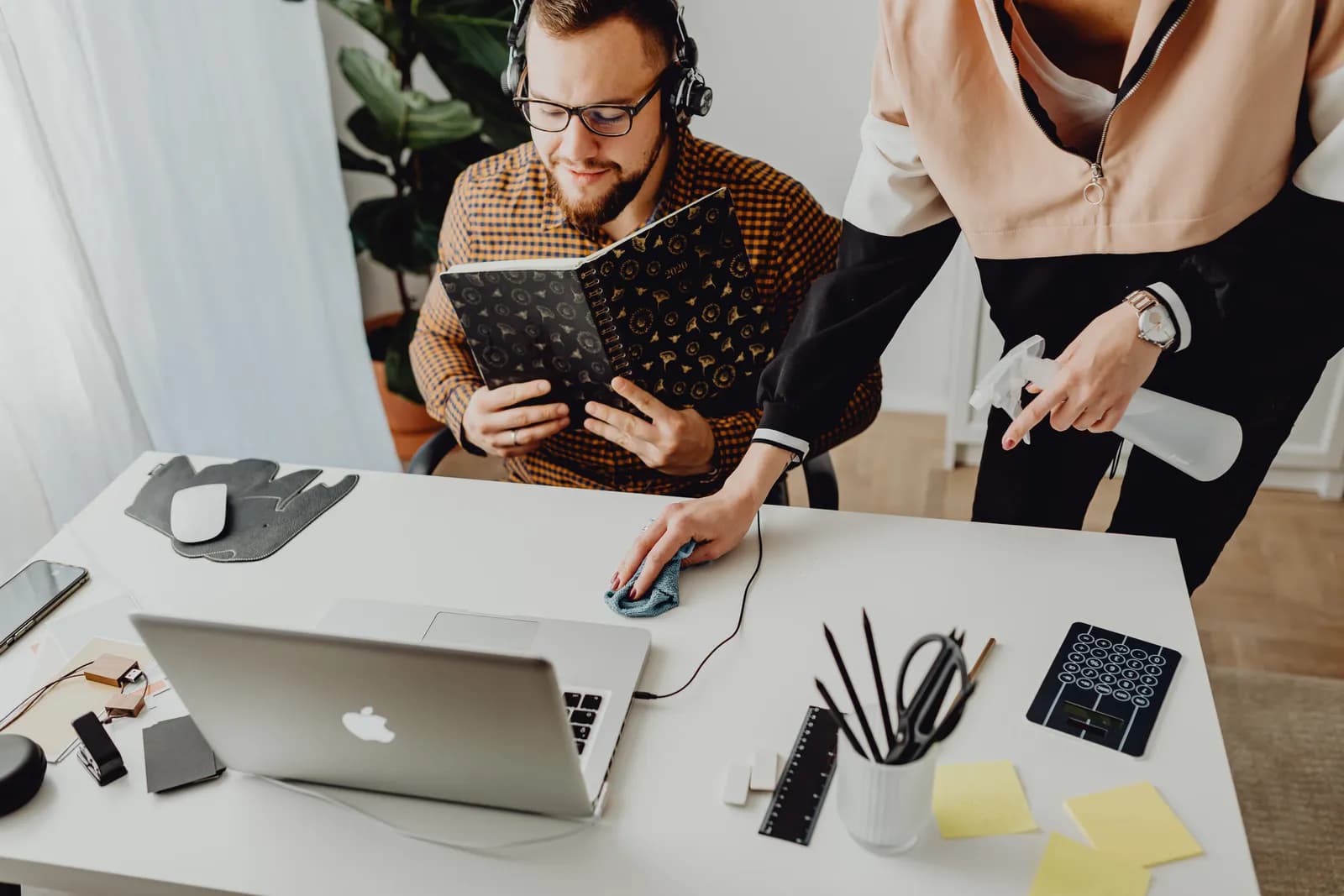 Modern corporate office interior and sanitized workstations
